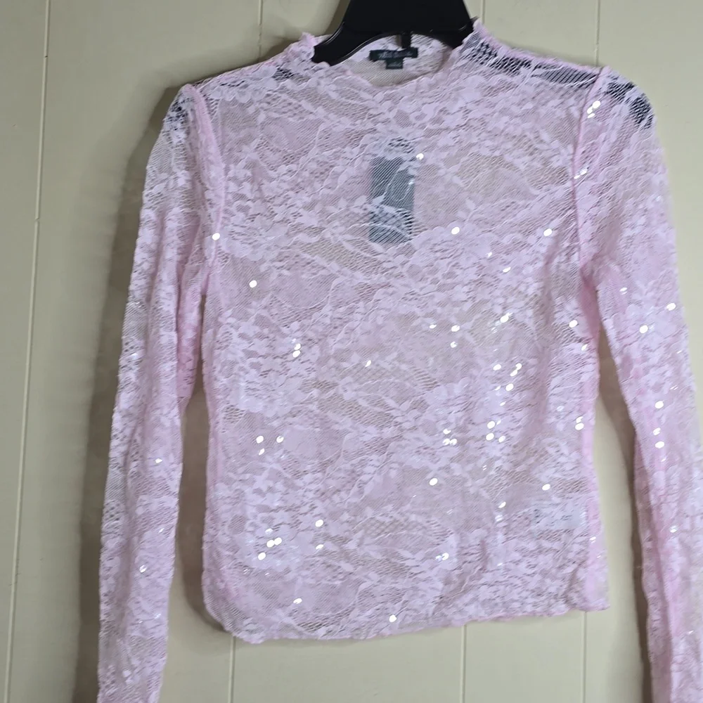 Women's Long Sleeve Pink Lace Squin   Top Small Wild Fable